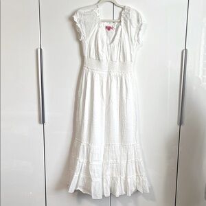 NWOT Betsey Johnson White Cotton Maxi Dress Lined Smocking Waist, Size L